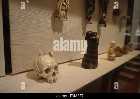 Netsuke (toggles) on display in the Japanese gallery, British Museum Stock Photo