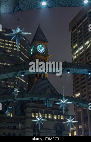 Toronto's Clock Tower from Nathan Phillips Square in downtown Toronto during the holiday season. Stock Photo