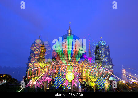 Berlin, Germany. 9th Oct, 2015. The Berliner Dome is illuminated at the beginning of the Festival of Lights in Berlin, Germany, 9 October 2015. Numerous iconic buildings in the city are lit up from 9 until 18 October 2015. Photo: Paul Zinken/dpa/Alamy Live News Stock Photo