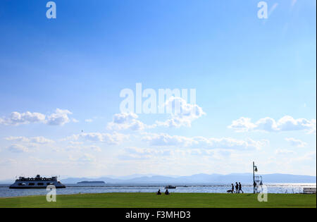 Waterfront Park on Lake Champlain with Ferry to Port Kent , Burlington, Vermont, USA Stock Photo