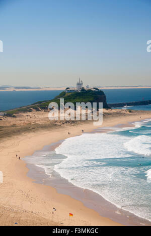 Nobbys Beach and lighthouse with Stockton beach and dunes in background Newcastle New South Wales NSW Australia Stock Photo