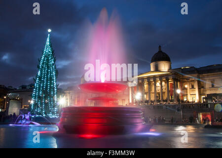 Trafalgar Square Christmas tree at night London England UK Stock Photo