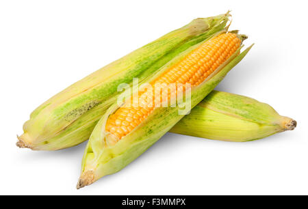 Three cross lying corn cob isolated on white background Stock Photo