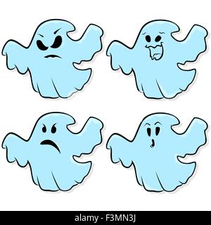 Angry, funny, sad and astonished flying ghosts isolated on a white background, cartoon Halloween vector illustration Stock Vector