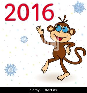 Monkey - the symbol of 2016 on a winter background with snowflakes, hand drawing cartoon vector illustration Stock Vector
