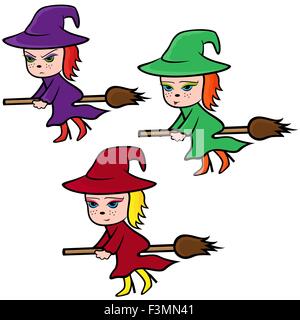 Halloween set of three flying colorful witches on a broomstick with various face characters isolated on a white background, cart Stock Vector