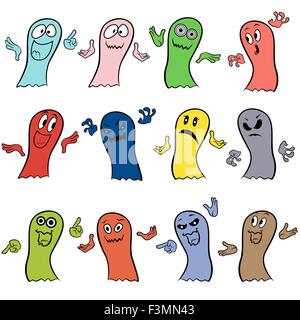 Set of twelve colorful ghosts with various characters isolated on a white background, cartoon Halloween vector illustration Stock Vector