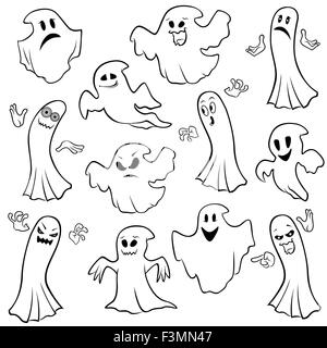 Set of twelve ghost outline with various characters isolated on a white background, cartoon Halloween vector illustration Stock Vector