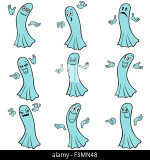 Set of nine blue ghosts with various characters isolated on a white background, cartoon Halloween vector illustration Stock Vector