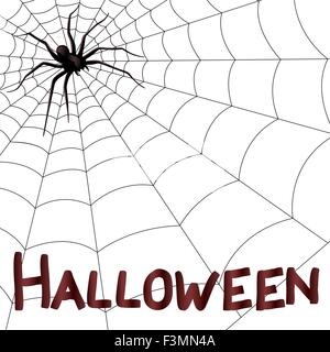 Big dark horrifying spider on the web, hand drawing Halloween vector artwork Stock Vector