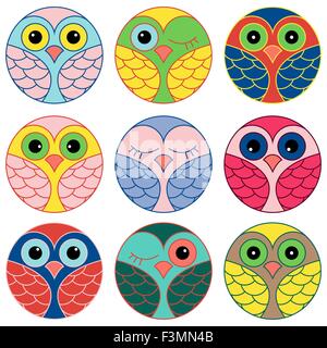 Set of nine funny colored owl faces placed in a circles and isolated on a white background, cartoon vector illustration as icons Stock Vector