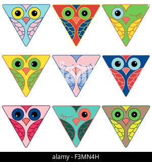 Set of nine funny colored owl faces placed in triangular shapes and isolated on a white background, cartoon vector illustration  Stock Vector