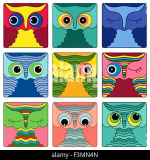 Set of nine amusing colorful owl faces placed in square forms and isolated on a white background, cartoon vector illustration as Stock Vector