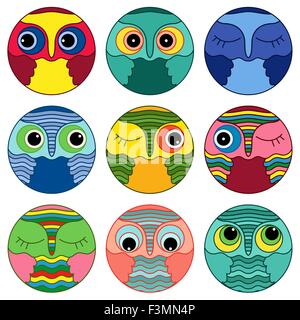 Set of nine amusing colorful owl faces placed in a circles and isolated on a white background, cartoon vector illustration as ic Stock Vector