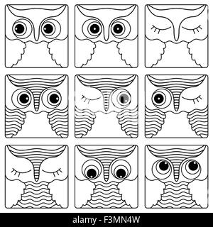 Set of nine amusing owl faces placed in square forms and isolated on a white background, cartoon vector black outlines as icons Stock Vector