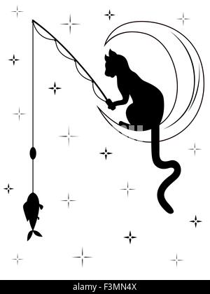 Black cat with long tail sitting on the moon among starry sky and catches a fish with fishing rod, black and white carton vector
