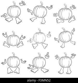 Halloween set of nine outlines of funny pumpkins that gesticulate with hands and feet, view from the back, isolated on the white Stock Vector