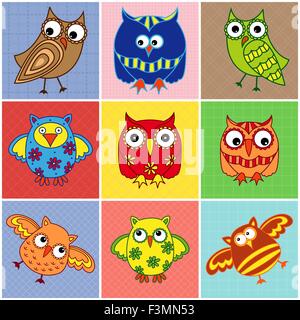 Editable vector set of nine amusing colorful owls placed on the square seamless patterns with dashed lines, every pattern isolat Stock Vector