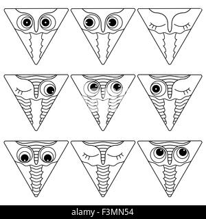 Set of nine amusing owl faces placed in triangle forms and isolated on a white background, cartoon vector black outlines as icon Stock Vector