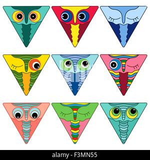Set of nine amusing colorful owl faces placed in triangle forms and isolated on a white background, cartoon vector illustration  Stock Vector