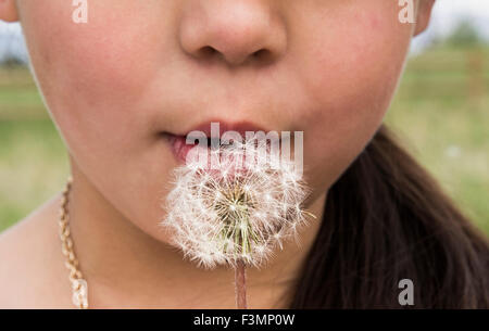 Young girl makes a wish and blows on a dandelion Stock Photo