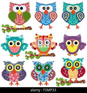 Set of nine colorful ornamental owls with circle elements isolated over white background, cartoon vector illustration Stock Vector