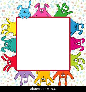 Many amusing rabbits holding a big advertising banner, vector illustration on the color seamless starry background Stock Vector