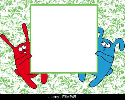 Funny rabbits holding a big advertising banner, vector illustration on the green seamless floral background Stock Vector