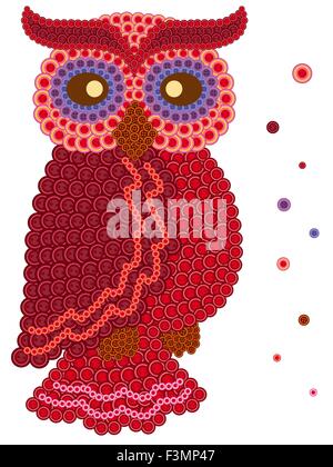 Coloured ornamental owl in red hues made from many various buttons, cartoon vector artwork Stock Vector