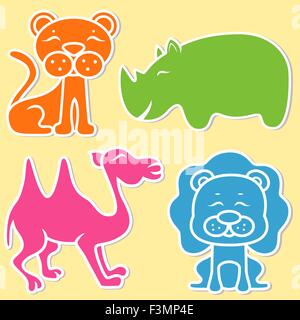 Lion, lioness, rhino and camel on light yellow background, cartoon flat vector illustration Stock Vector