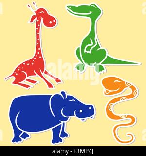 Giraffe, crocodile, hippo and boa on light yellow background, cartoon flat vector illustration Stock Vector