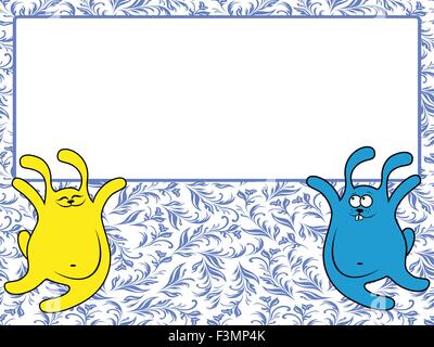 Funny rabbits holding a big advertising banner, vector illustration on the blue seamless floral background Stock Vector