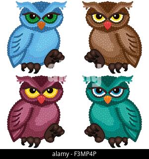 Set of four colorful ornamental owls with circle elements isolated over white background, cartoon vector illustration Stock Vector