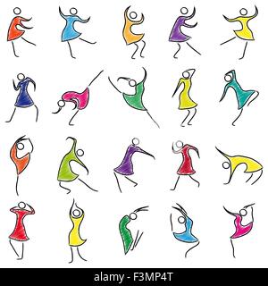 Set of twenty abstract female dancers, sketching colored cartoon vector illustration Stock Vector