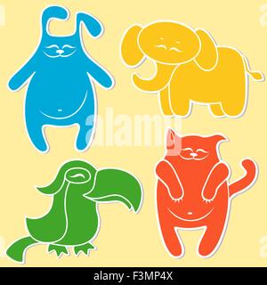 Cat, rabbit, elephant and parrot on light yellow background, cartoon vector illustration Stock Vector