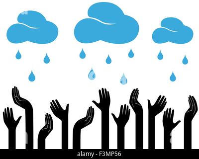 Human hands outstretched to the sky with raining clouds, conceptual ecologic vector illustration Stock Vector