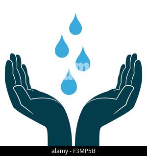 Blue water drops in human hands, conceptual ecologic vector illustration Stock Vector