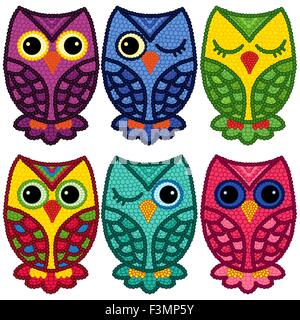 Set of six motley funny owls with circle elements isolated over white background, cartoon vector illustration Stock Vector