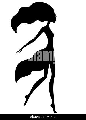 Abstract graceful girl with waving hair in motion, black vector silhouette Stock Vector