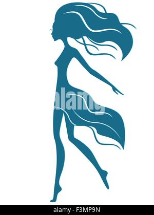 Abstract graceful girl with waving hair in motion, vector illustration in blue hue Stock Vector