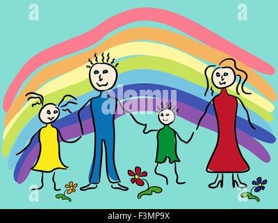 Family and rainbow on turquoise sky background, hand drawing vector illustration of as a children paint picture Stock Vector