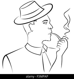 Man in retro hat smoking a pipe, hand drawing vector outline Stock Vector