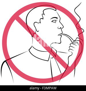 Man who smokes a pipe crossed out a red round prohibition sign, hand drawing vector outline Stock Vector