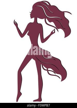 Abstract graceful girl with waving hair and dress, vector silhouette in paprika colour with black lines Stock Vector