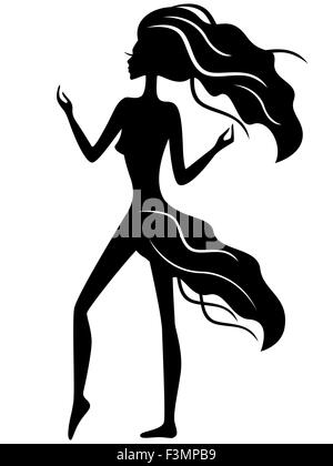 Abstract graceful girl with waving hair and dress, black vector silhouette Stock Vector