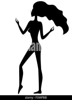 Abstract graceful girl with waving hair, black vector silhouette Stock Vector