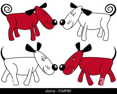 Four funny dogs, Red and White symmetrically standing, hand drawing vector artwork Stock Vector