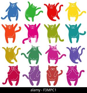 Set of sixteen thick funny cat stencils of different colors, cartoon vector illustration Stock Vector