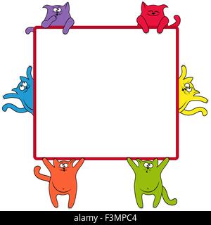 Funny thick color cats around a large square billboard, cartoon vector artwork Stock Vector