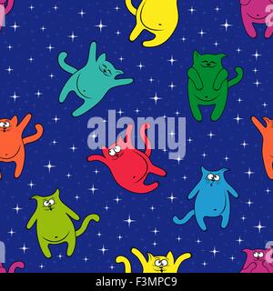 Seamless vector pattern with color amusing cats on a background of blue starry sky Stock Vector
